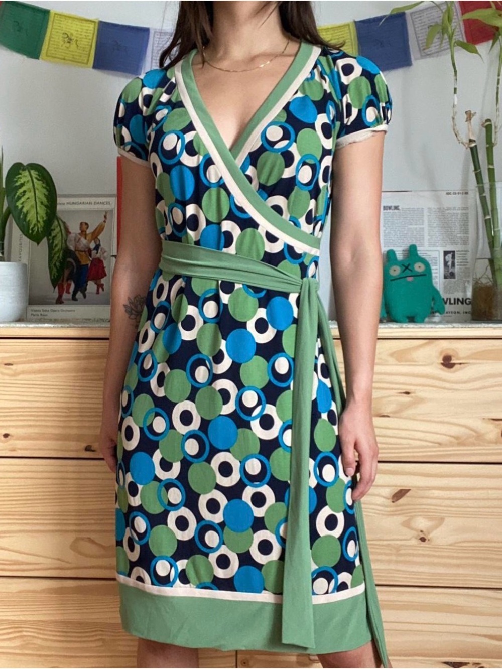 Sandra Darren Green and Blue Polka Wrap Maxi Dress Size 12 Casual Office Wear